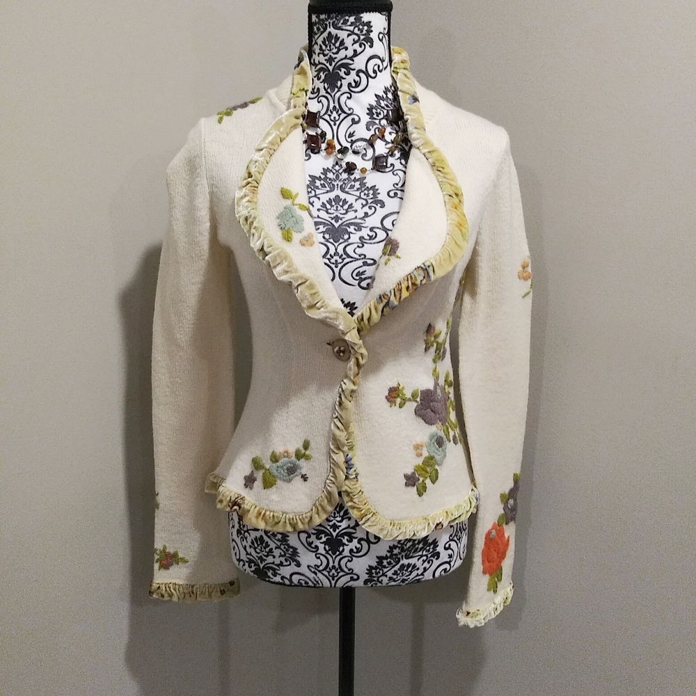 Anthro Moth White Holly & Ive Embroidered Cardigan
